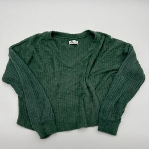 Hollister Green Fuzzy Eyelash Knit V-Neck Sweater Womens Small Long Sleeve Crop